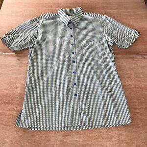 Andy Mohan Shirt Men L Blue Yellow Plaid Button Down Pocket Short Sleeve Collar